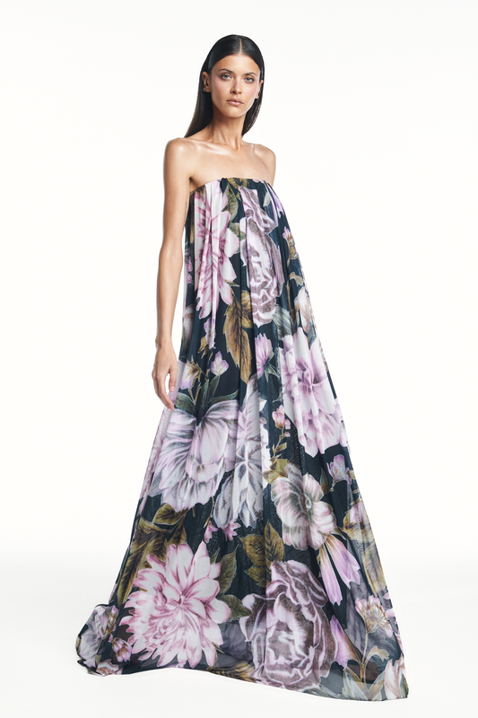 VESTIDO LONGO AMPLO TOMARA QUE CAIA TULE FLORAL PRETO (8980758069475)