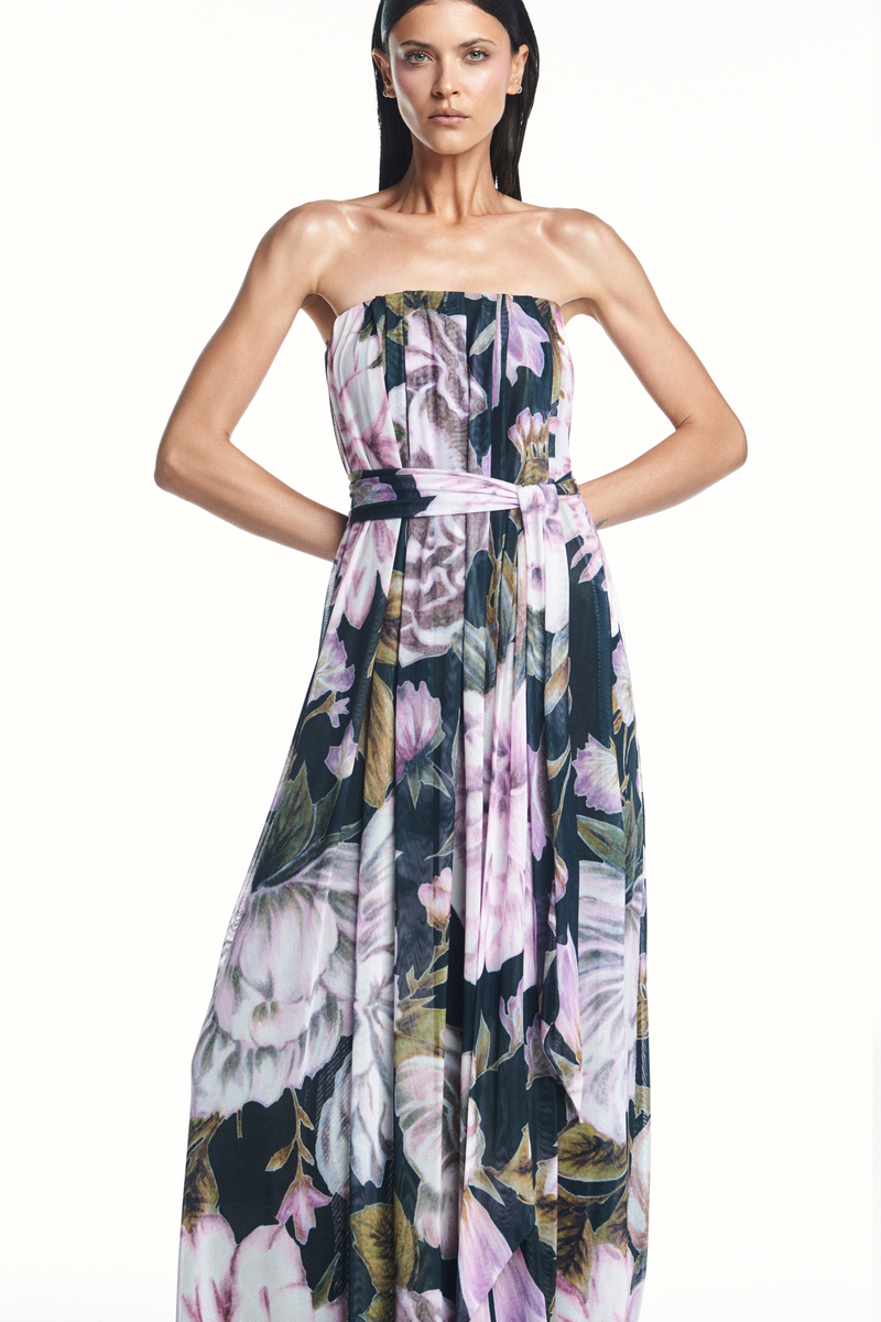 VESTIDO LONGO AMPLO TOMARA QUE CAIA TULE FLORAL PRETO (8980758069475)
