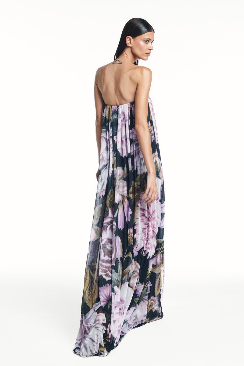 VESTIDO LONGO AMPLO TOMARA QUE CAIA TULE FLORAL PRETO (8980758069475)