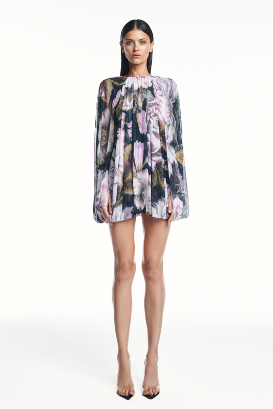 VESTIDO CURTO AMPLO BALONÊ CAPA TULE FLORAL PRETO (8980756529379)