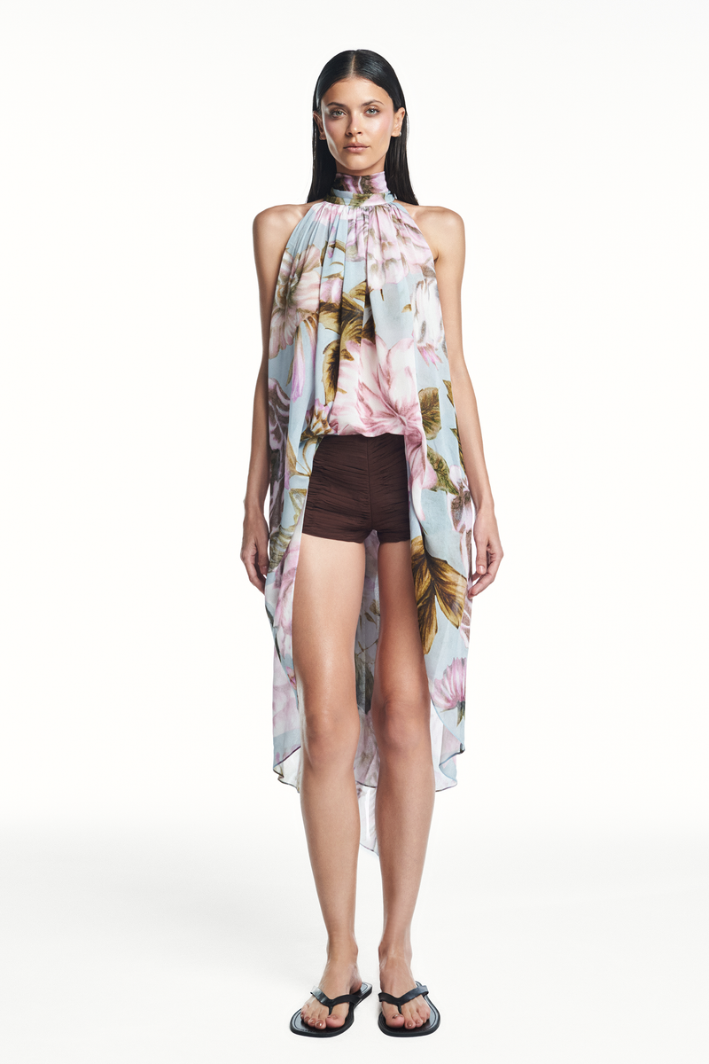 BLUSA GOLA ALTA MULLET GEORGETE FLORAL AZUL (8980750565603)