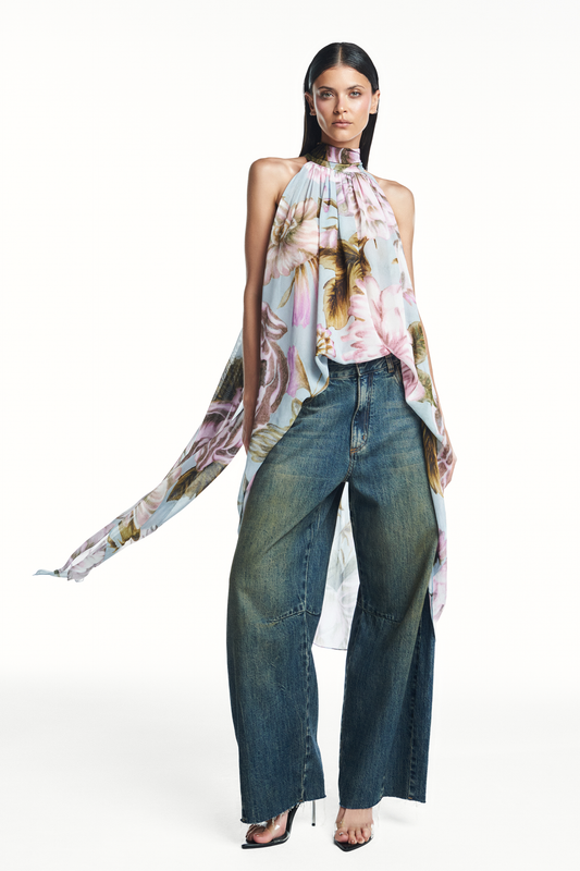 BLUSA GOLA ALTA MULLET GEORGETE FLORAL AZUL (8980750565603)
