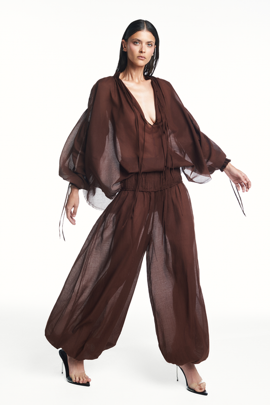 CALÇA PALA DRAPEADA ELÁSTICO BARRA ALGODÃO MARROM (8980752466147)