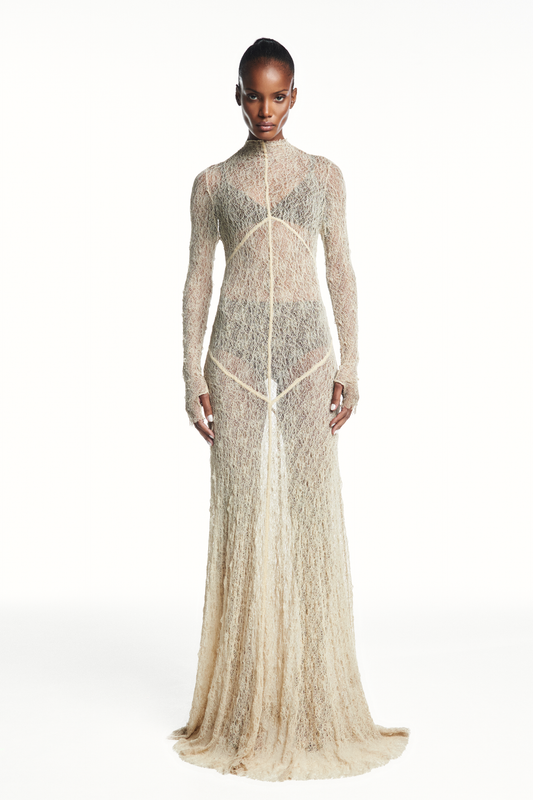 VESTIDO LONGO MANGA LONGA RECORTES RENDA BEGE (8980758462691)