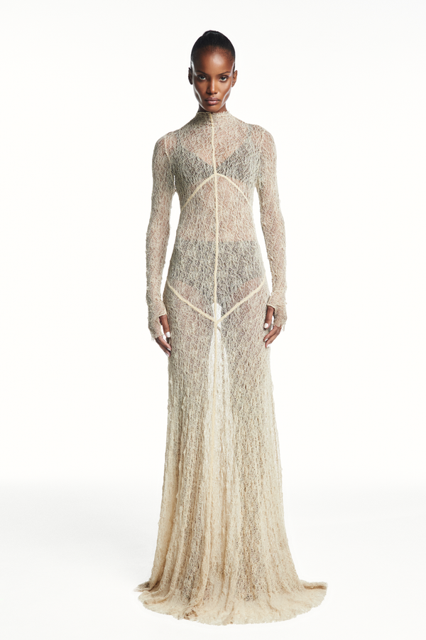 VESTIDO LONGO MANGA LONGA RECORTES RENDA BEGE (8980758462691)