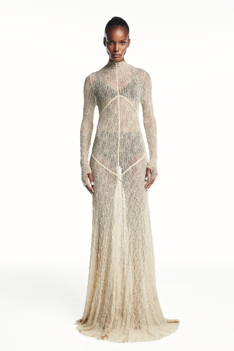 VESTIDO LONGO MANGA LONGA RECORTES RENDA BEGE (8980758462691)