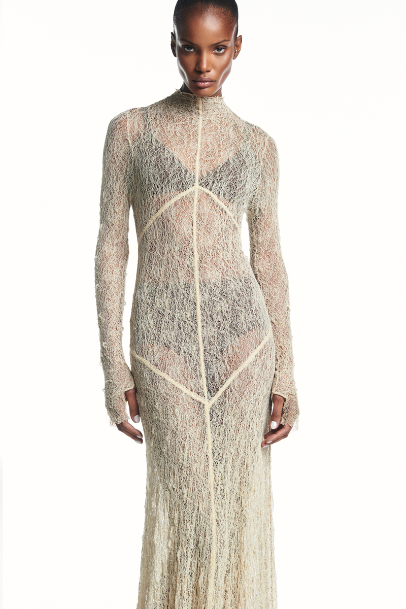 VESTIDO LONGO MANGA LONGA RECORTES RENDA BEGE (8980758462691)