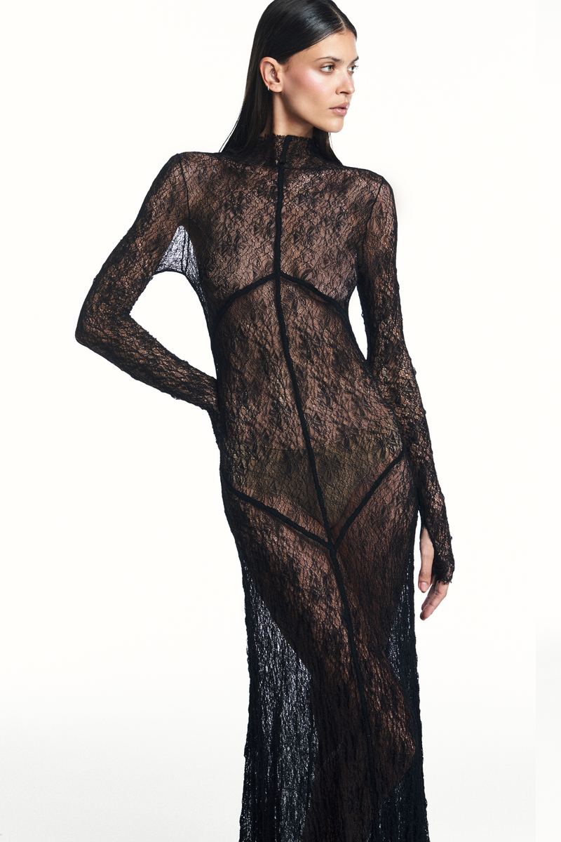 VESTIDO LONGO MANGA LONGA RECORTES RENDA PRETA (8980758692067)