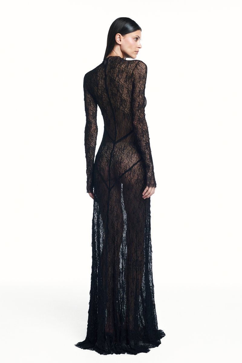 VESTIDO LONGO MANGA LONGA RECORTES RENDA PRETA (8980758692067)