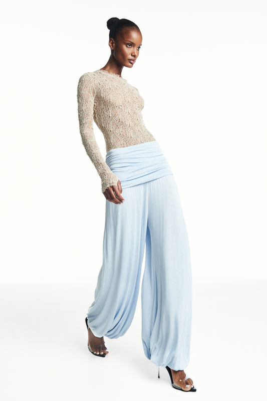 CALÇA PALA DRAPEADA ELÁSTICO BARRA MALHA AZUL (8980752662755)