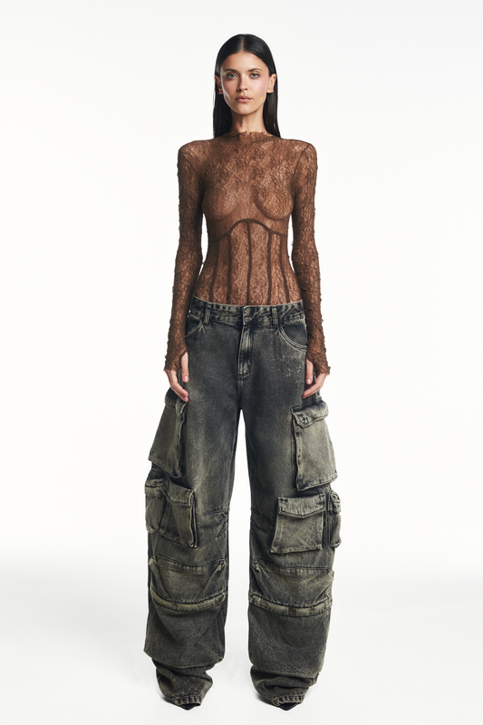 BODY MANGA LONGA RECORTES RENDA MARROM (8980752204003)