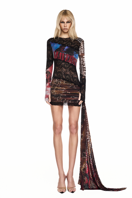 VESTIDO CURTO MANGA LONGA FAIXA TULE E RENDA MAVERICK