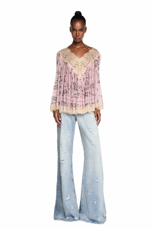 BLUSA AMPLA MANGA LONGA RENDA BEGE BANDANA ROSA