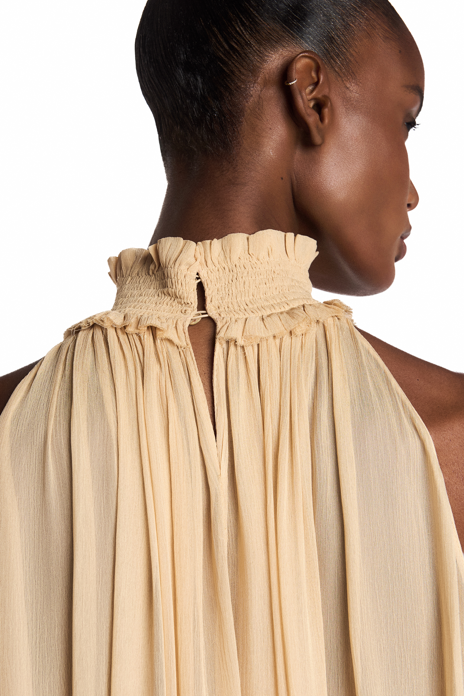 BLUSA SEM MANGA GOLA ALTA BABADOS BARRA CHIFFON AMARELO – TIG STORE