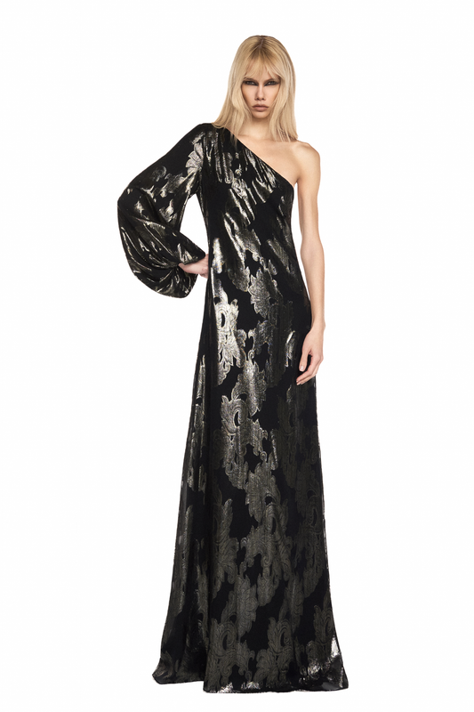 VESTIDO LONGO UM OMBRO MANGA LONGA JACQUARD LUREX PRETO