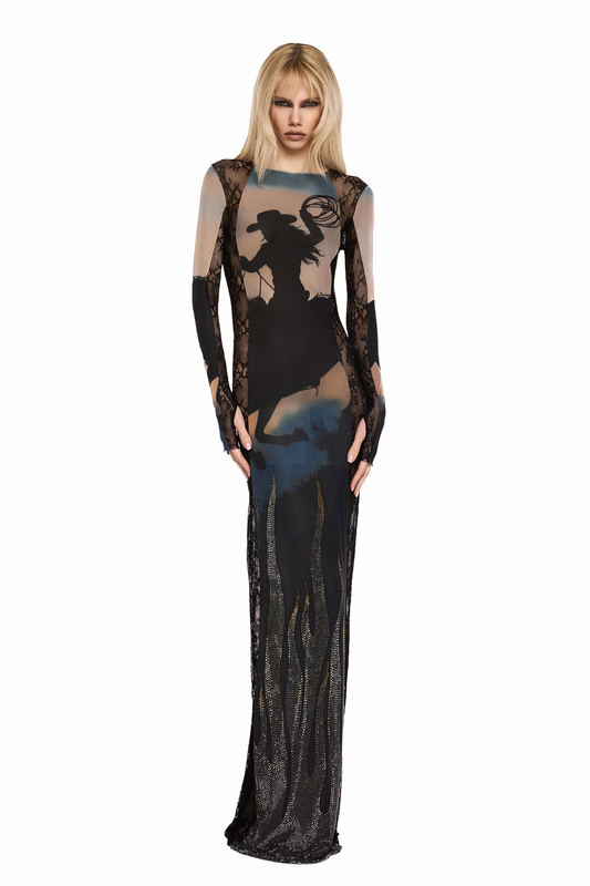VESTIDO LONGO MANGA LONGA TULE E RENDA WILD FIRE