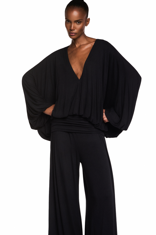 BLUSA AMPLA MANGA LONGA DECOTE V BABADO BALONÊ MALHA PRETA
