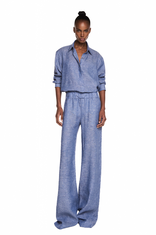 CALÇA ELÁSTICO CÓS LINHO AZUL