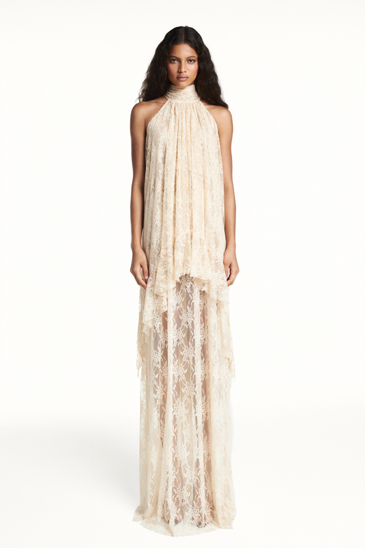 VESTIDO LONGO SEM MANGA GOLA ALTA BABADO MULLET RENDA BEGE