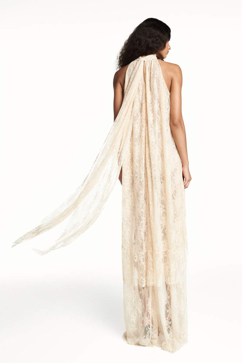 VESTIDO LONGO SEM MANGA GOLA ALTA BABADO MULLET RENDA BEGE