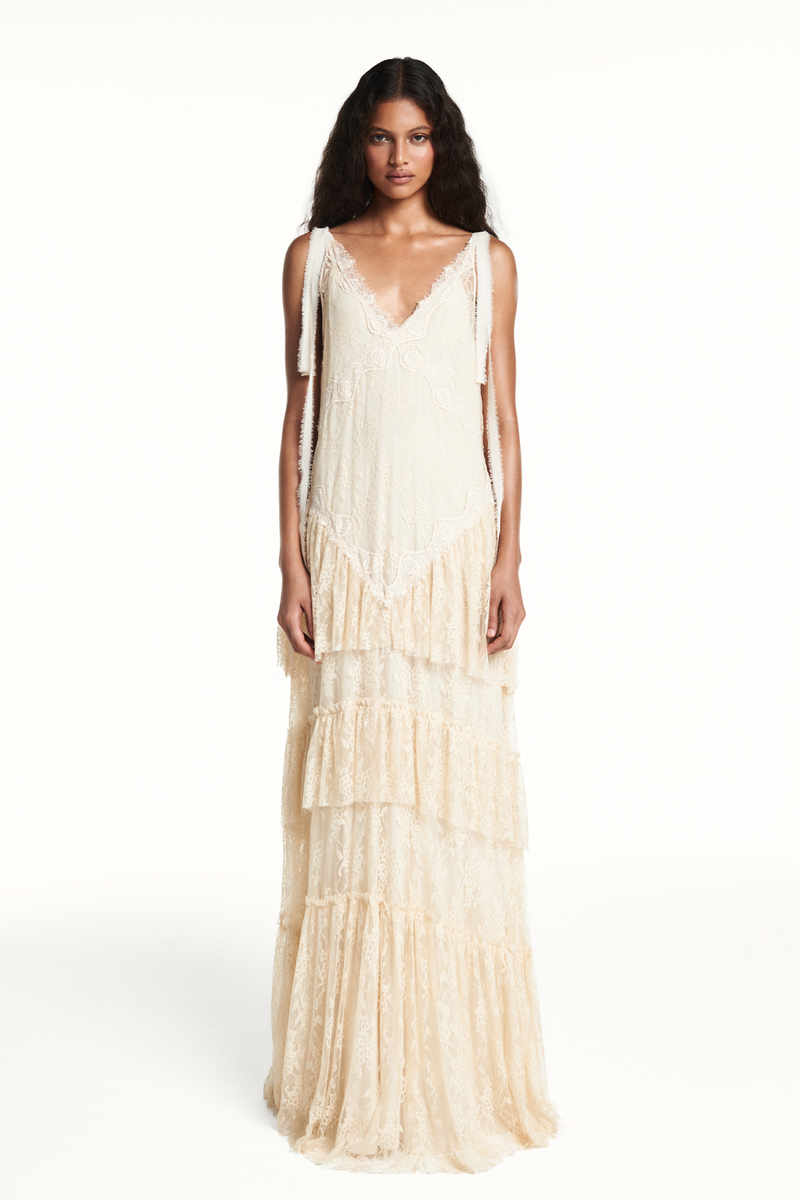 VESTIDO LONGO ALÇA BABADOS RENDA BEGE