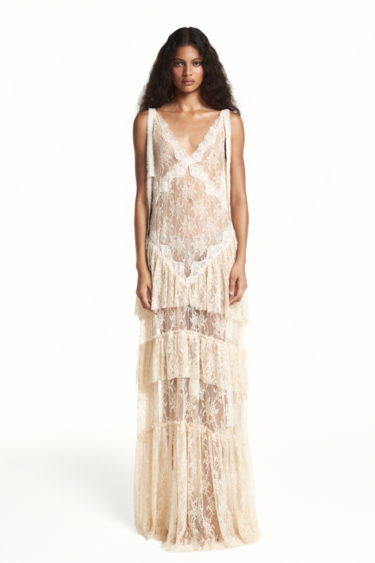 VESTIDO LONGO ALÇA BABADOS RENDA BEGE