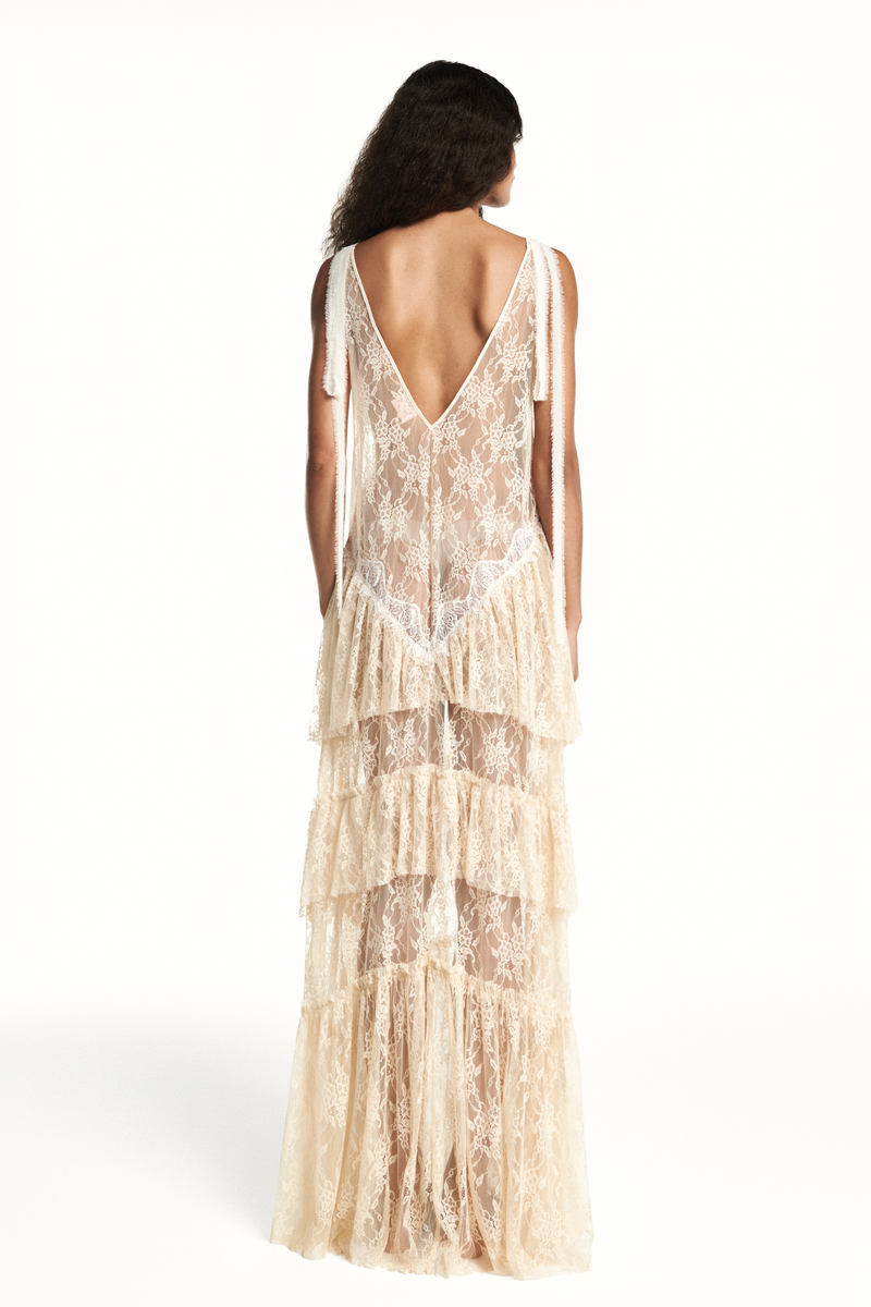 VESTIDO LONGO ALÇA BABADOS RENDA BEGE