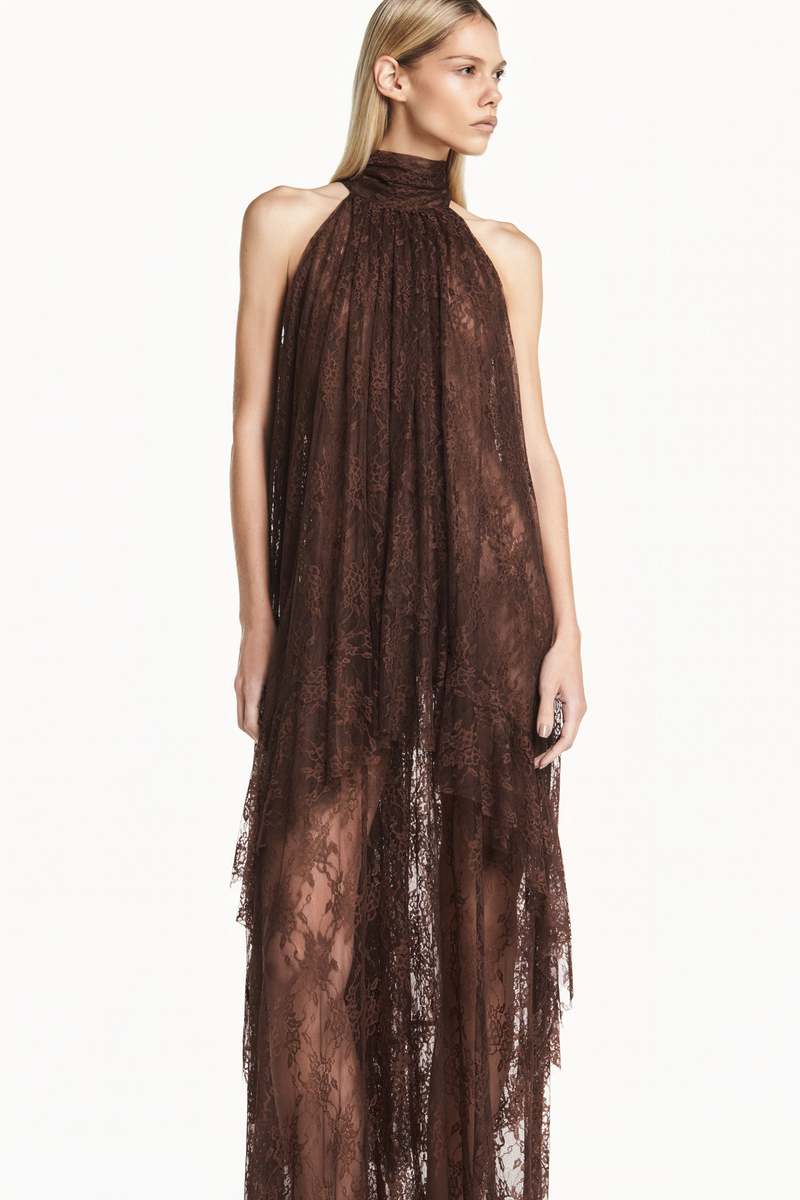 VESTIDO LONGO SEM MANGA GOLA ALTA BABADO MULLET RENDA MARROM