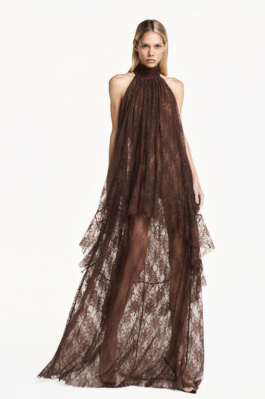 VESTIDO LONGO SEM MANGA GOLA ALTA BABADO MULLET RENDA MARROM