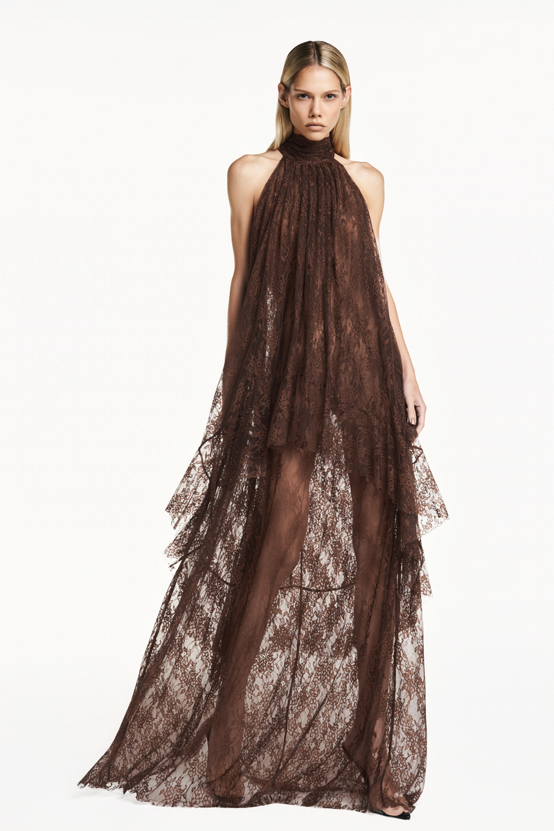 VESTIDO LONGO SEM MANGA GOLA ALTA BABADO MULLET RENDA MARROM