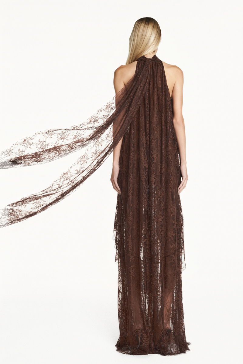 VESTIDO LONGO SEM MANGA GOLA ALTA BABADO MULLET RENDA MARROM