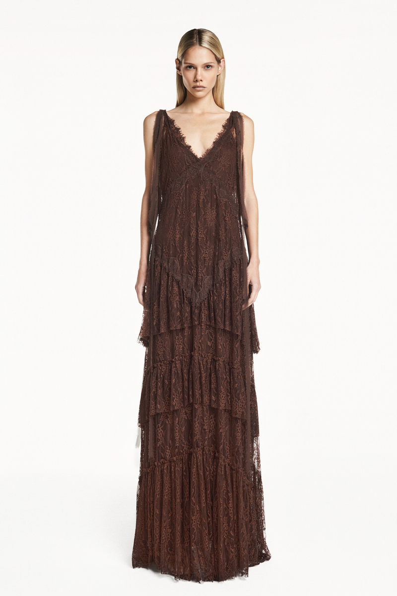 VESTIDO LONGO ALÇA BABADOS RENDA MARROM