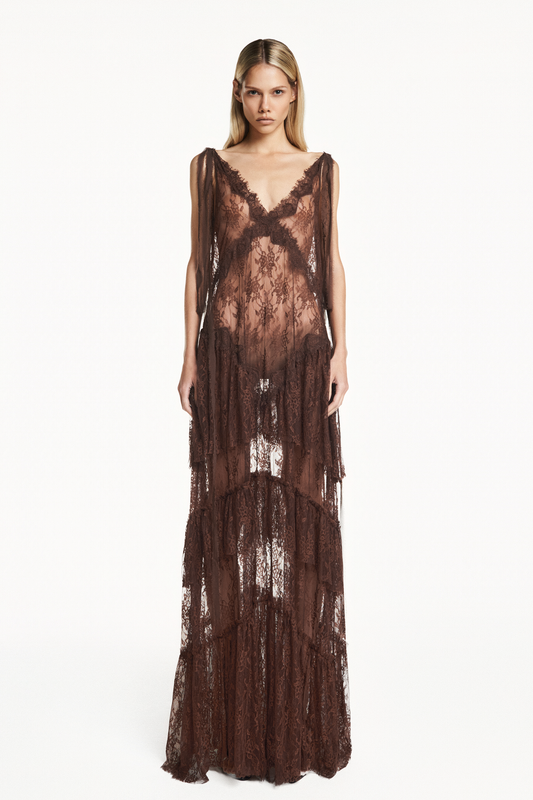 VESTIDO LONGO ALÇA BABADOS RENDA MARROM