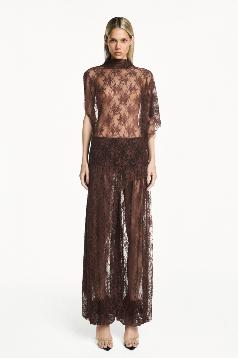 BLUSA KAFTAN ASSIMÉTRICA RENDA MARROM