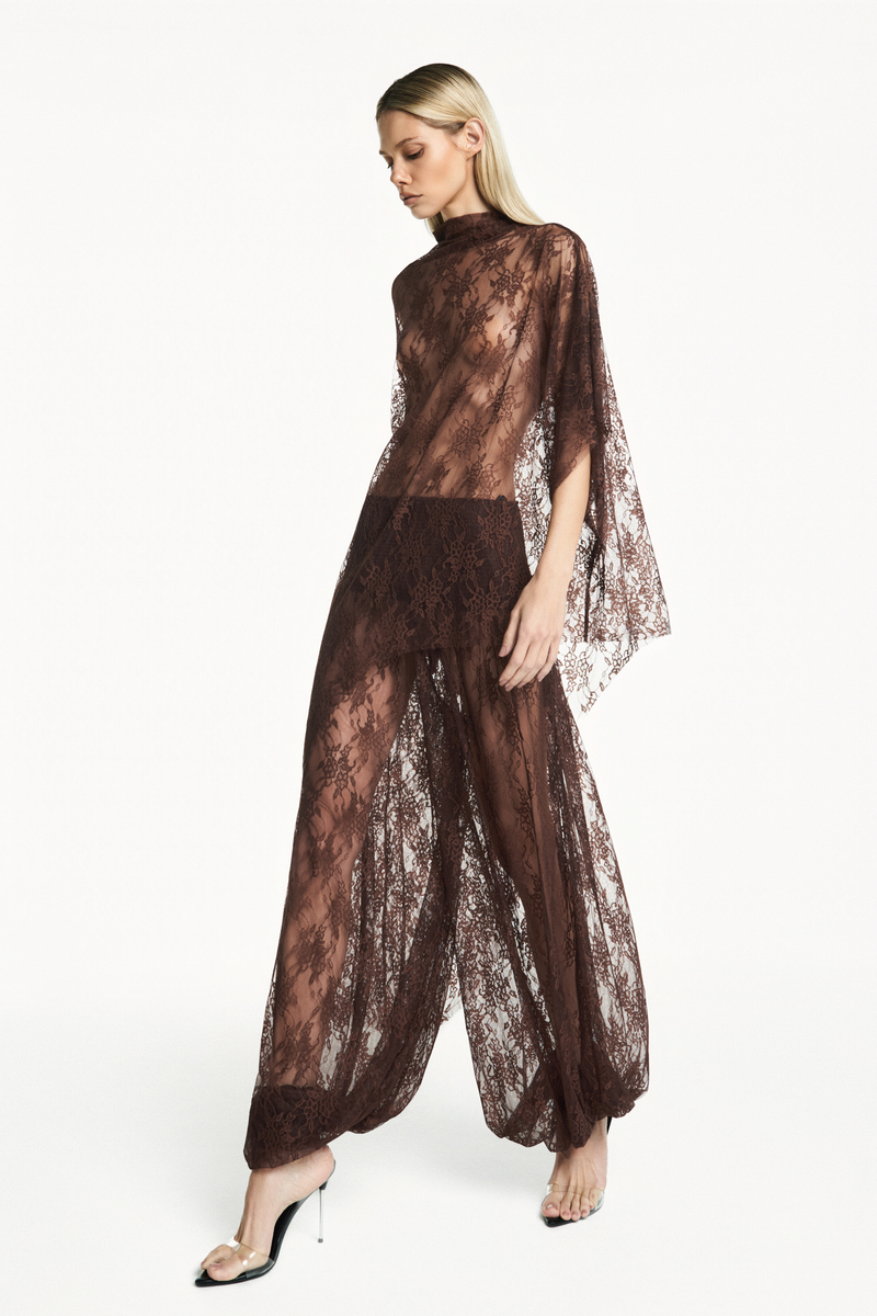 BLUSA KAFTAN ASSIMÉTRICA RENDA MARROM