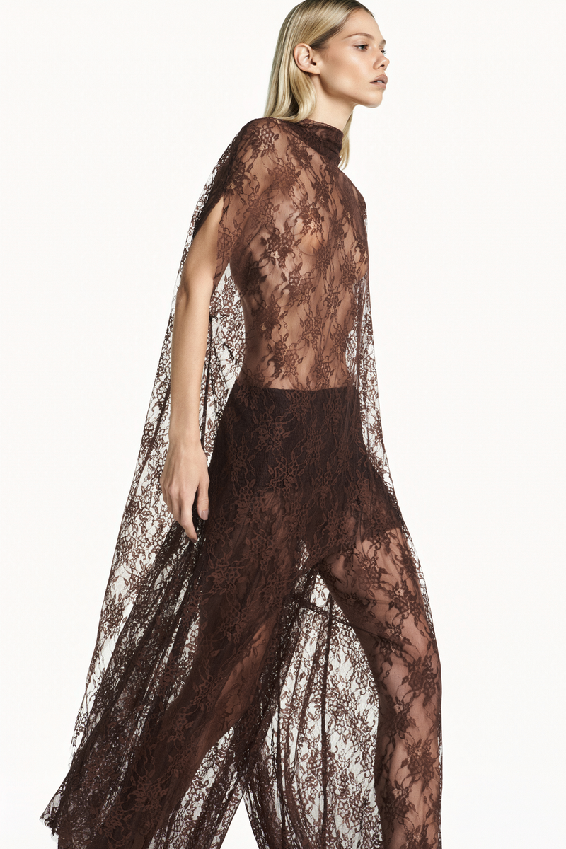 BLUSA KAFTAN ASSIMÉTRICA RENDA MARROM