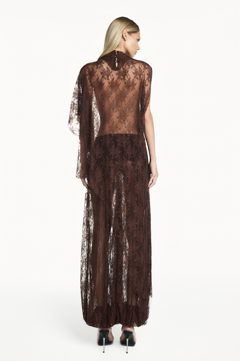 BLUSA KAFTAN ASSIMÉTRICA RENDA MARROM