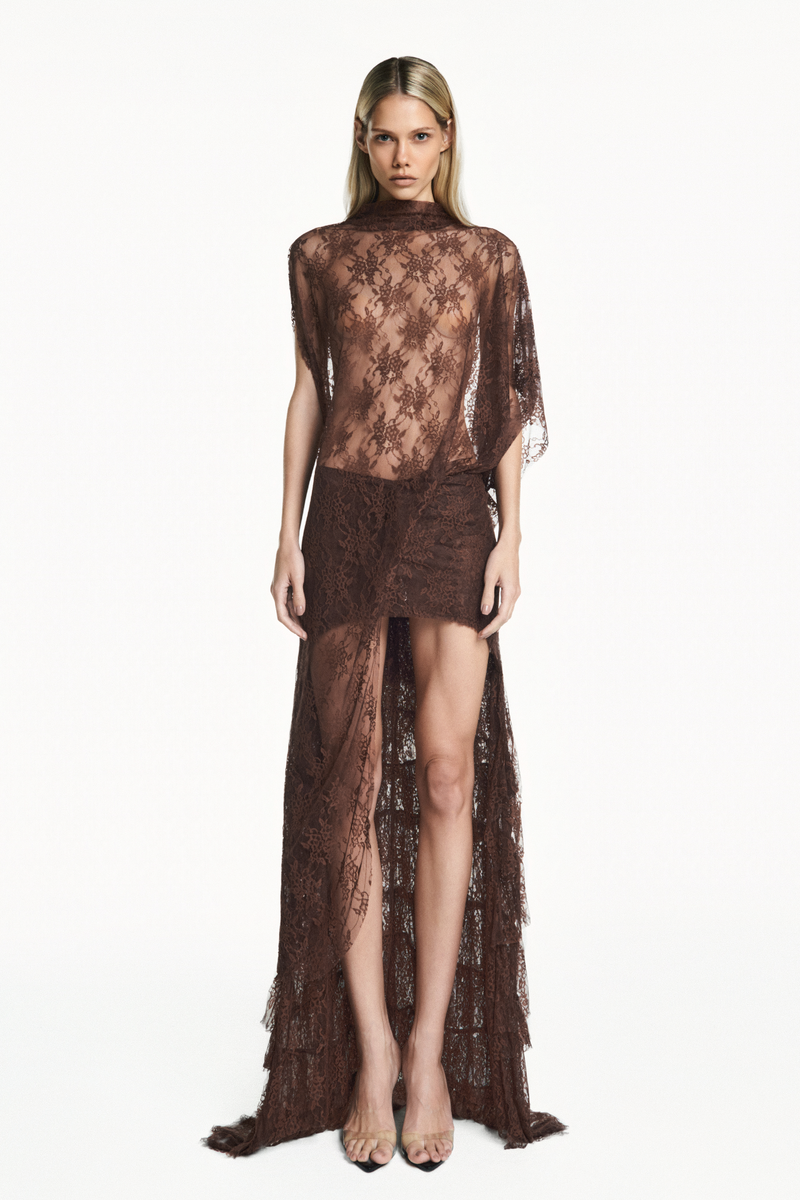 BLUSA KAFTAN ASSIMÉTRICA RENDA MARROM