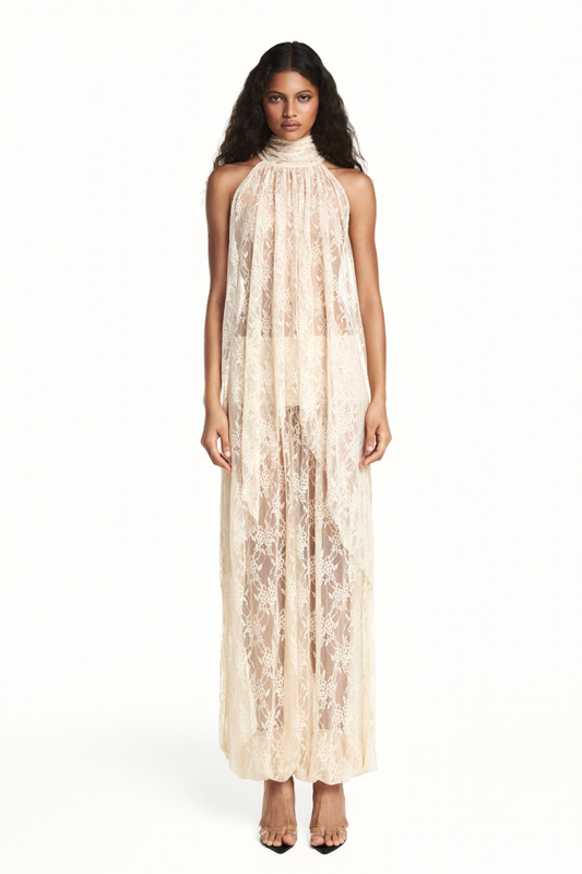 BLUSA GOLA ALTA MULLET RENDA BEGE