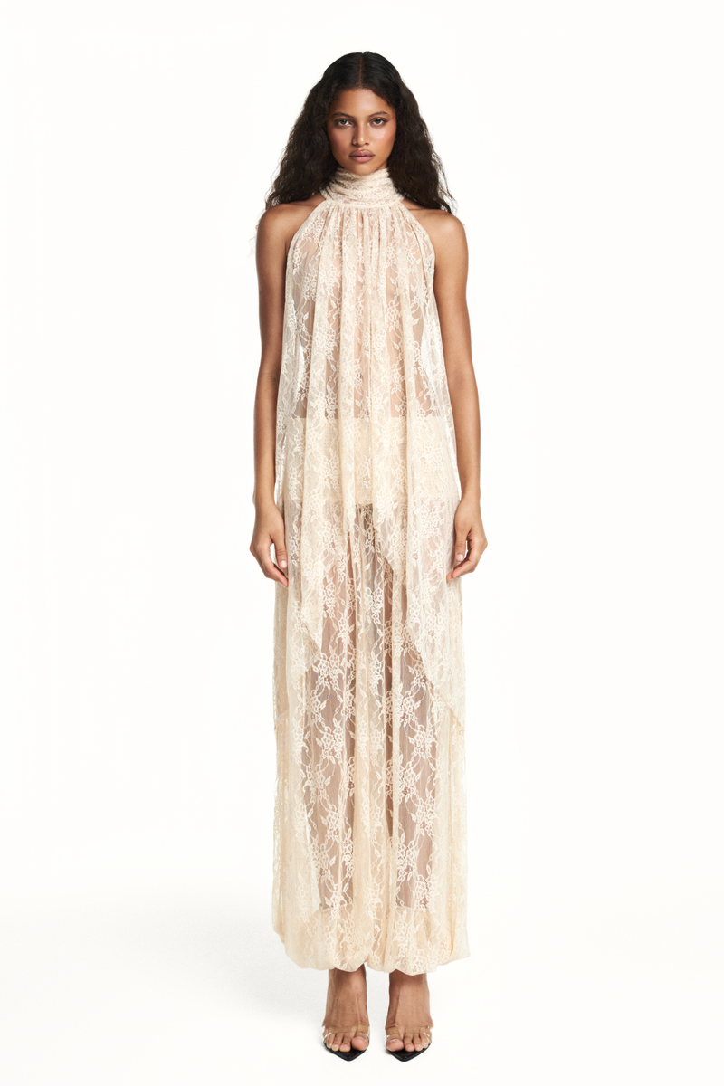 BLUSA GOLA ALTA MULLET RENDA BEGE