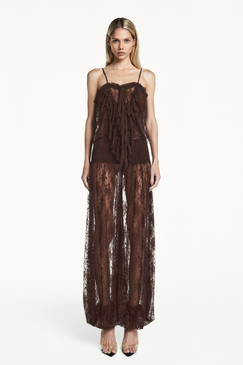 CALÇA PALA LASTEX RENDA MARROM