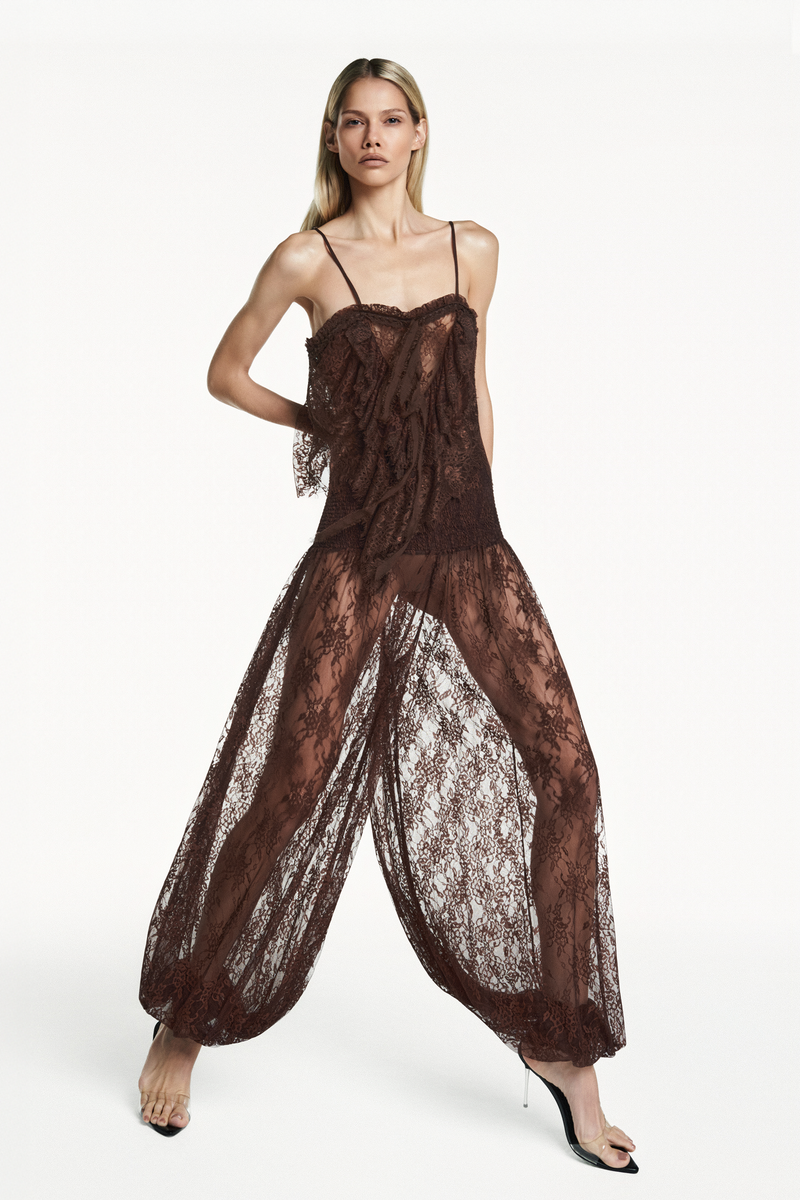 CALÇA PALA LASTEX RENDA MARROM