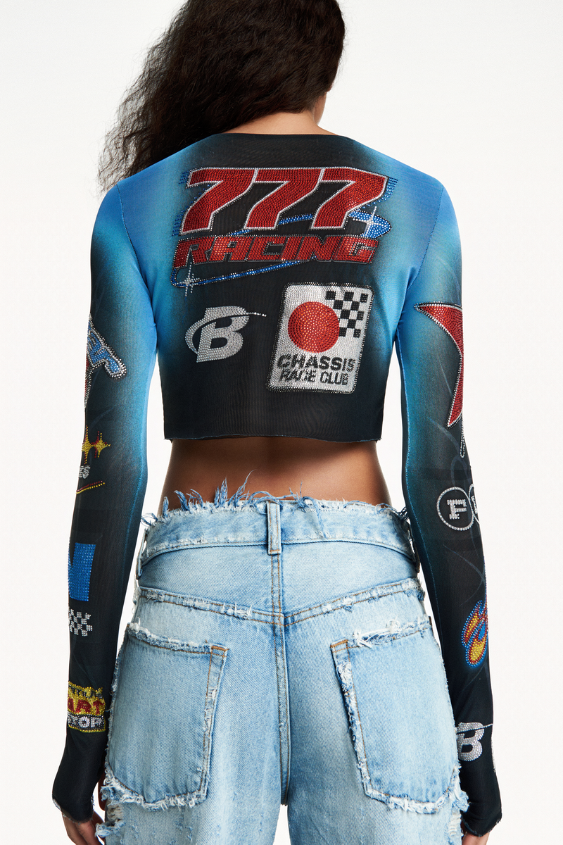 BLUSA CROPPED MANGA LONGA TULE MOTOCROSS PEDRA
