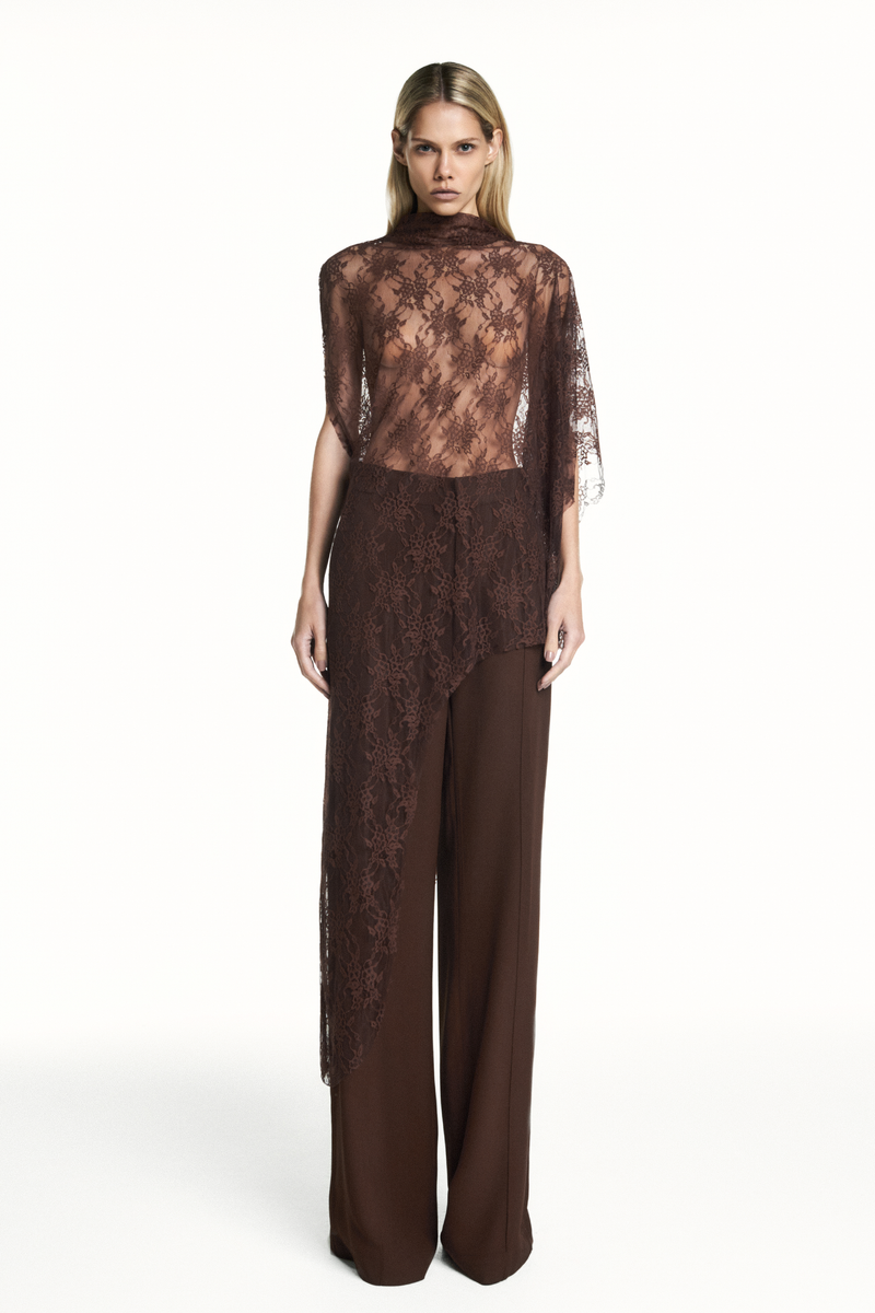 BLUSA KAFTAN ASSIMÉTRICA RENDA MARROM