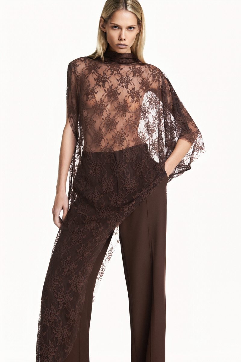 BLUSA KAFTAN ASSIMÉTRICA RENDA MARROM