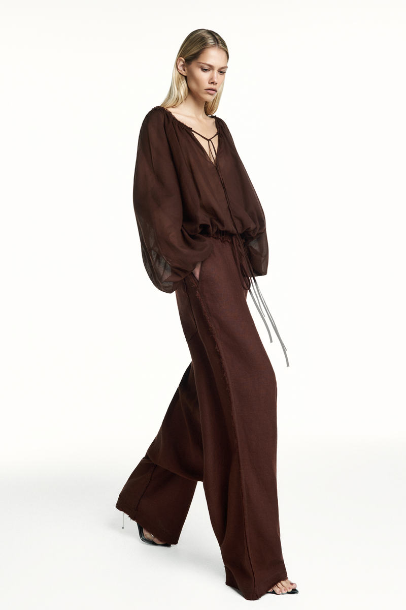 BATA AMPLA MANGA LONGA ELÁSTICOS MANGAS E BARRA ALGODÃO MARROM