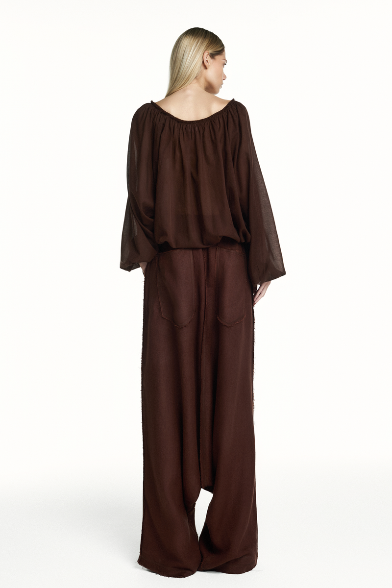 BATA AMPLA MANGA LONGA ELÁSTICOS MANGAS E BARRA ALGODÃO MARROM