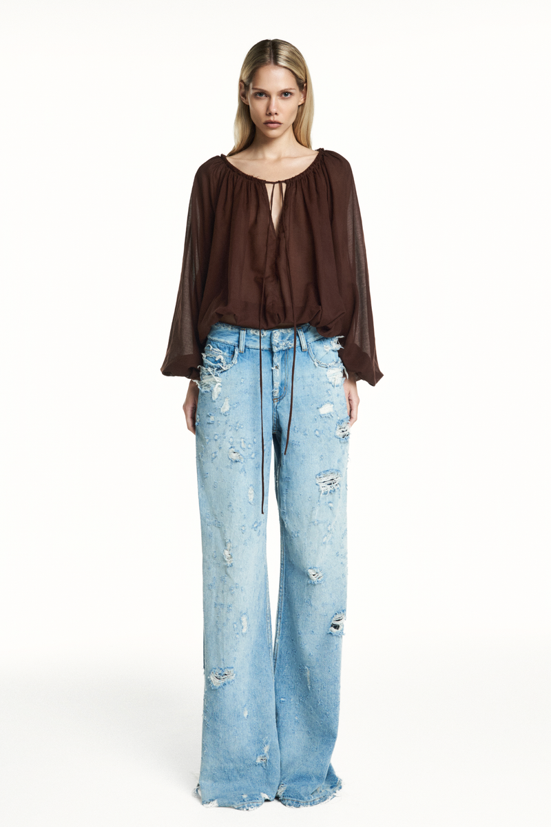 CALÇA JEANS PREGA INTERNA FLARE DESTROYED