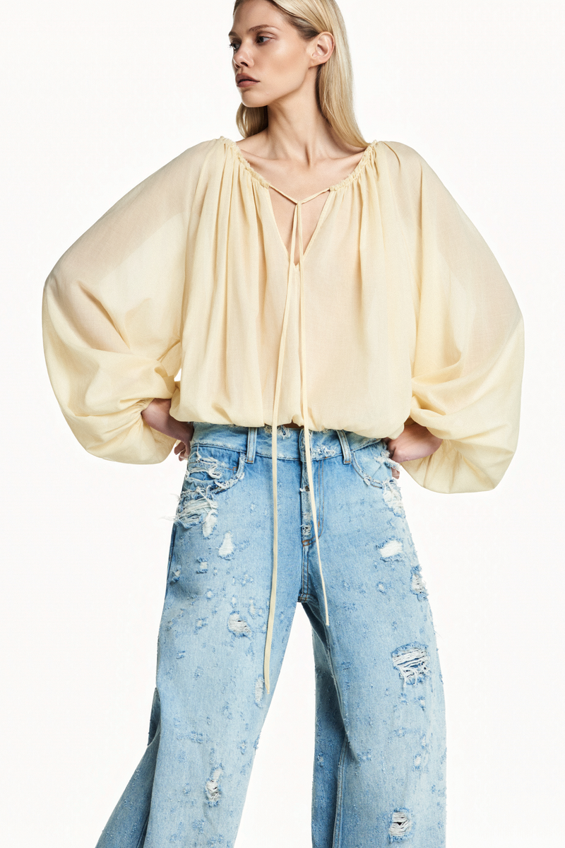 BATA AMPLA MANGA LONGA ELÁSTICOS MANGAS E BARRA ALGODÃO MANTEIGA