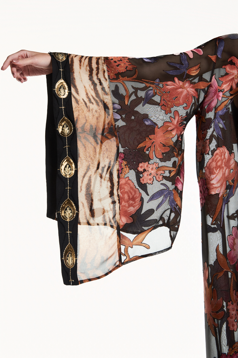 KIMONO LONGO PATCHWORK GEORGETE DEVORÊ FLORAL